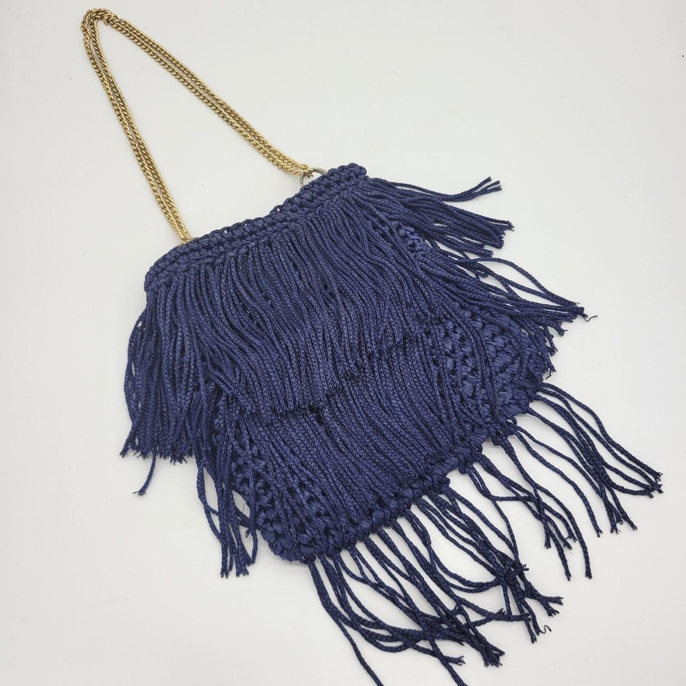 Vintage Navy Blue Woven Fringe Evening Bag Gold Chain Made in Japan Boho Purse